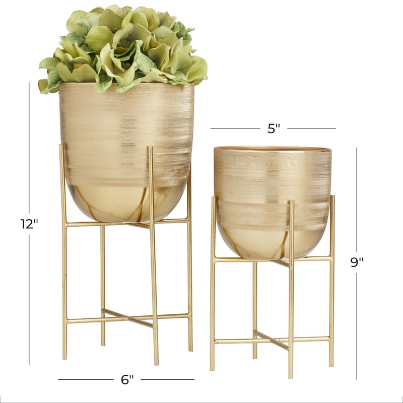 Metal Indoor Outdoor Planter with Removable Stand - Set of 2 Silver, Gray, Gold - Roche River Decor