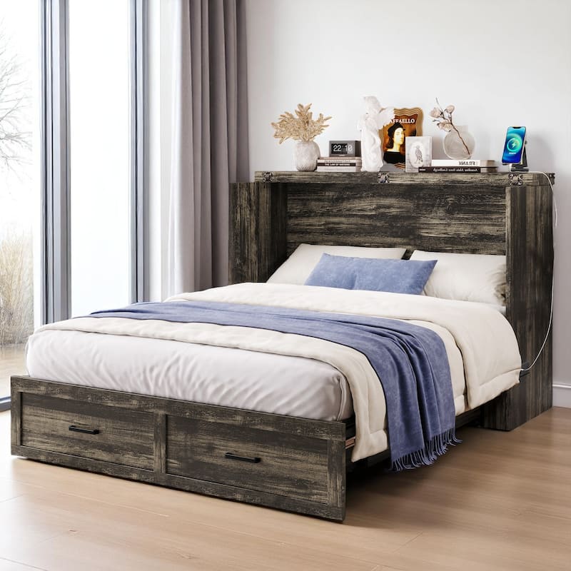 Foldable Murphy Bed Cabinet Full/Queen with USB & Type-C Ports and Storage Drawer for Guest Room