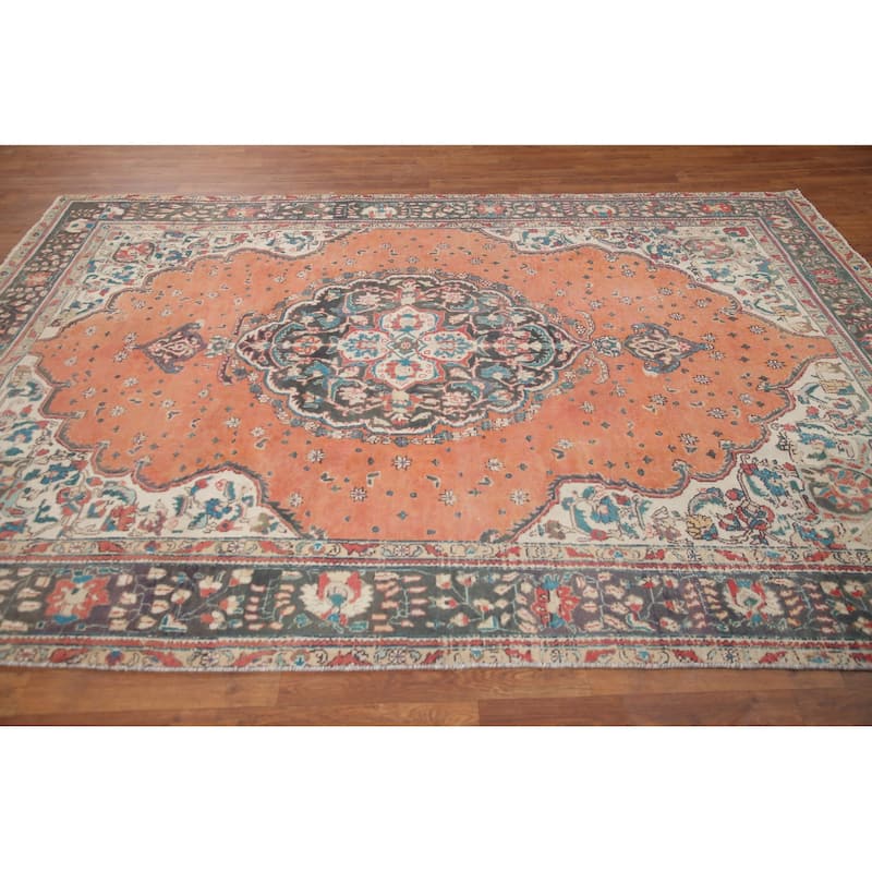 Hand Knotted Oriental 100% Wool Carpet Traditional Floral Oranges & Rust Tabriz Area Rug - 9' 3'' X 6' 8''