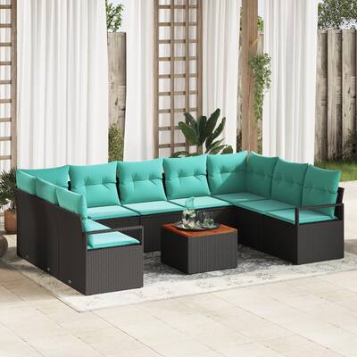 vidaXL 10 Piece Garden Sofa Set with Cushions Black Poly Rattan Acacia - 113.8×69.7×27.2