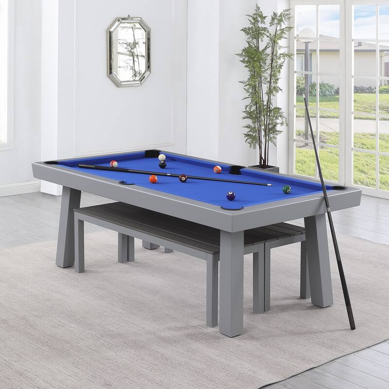 Laguna Indoor/Outdoor 8ft Slate Pool Table Dining Set with 2 Benches & Accessories, Cement Finish
