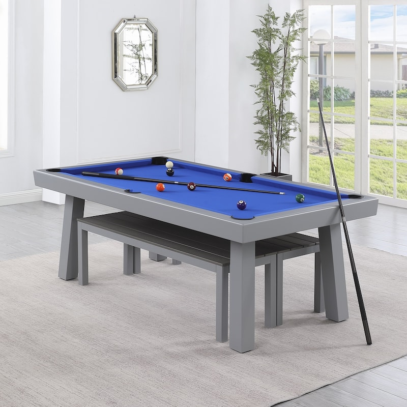 Norwalk Indoor/Outdoor 8ft Slate Pool Table Dining Set with 2 Benches & Accessories, Cement Finish