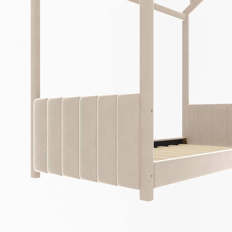Twin/Full Size Velvet Upholstered House Bed for Kids with Roof Design, Playful and Cozy, Easy Assembly