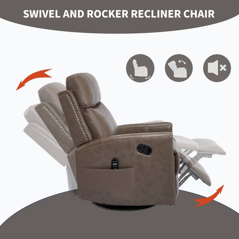 One Piece Genuine Leather Recliner Chair with Massage Heat Rocker and Swivel