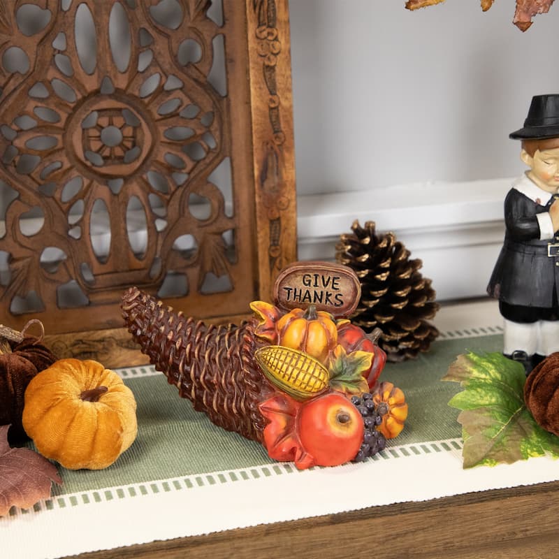 Bountiful Give Thanks Fall Harvest Cornucopia Decoration - 8.5"