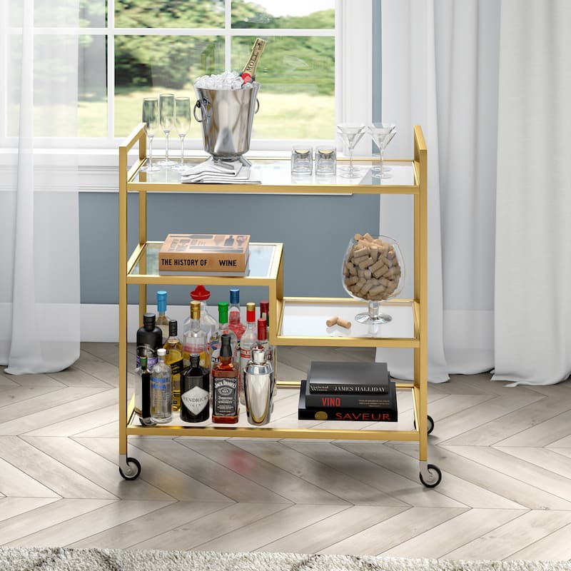 Lovett 33" Wide Rectangular Bar Cart with Glass Shelves