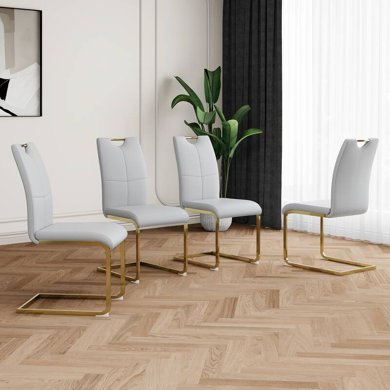 Modern Set of 4 Dining Chairs with Leather Cushioned Seat, Chrome Metal Legs, for Dining Room, Living Room, and Bedroom