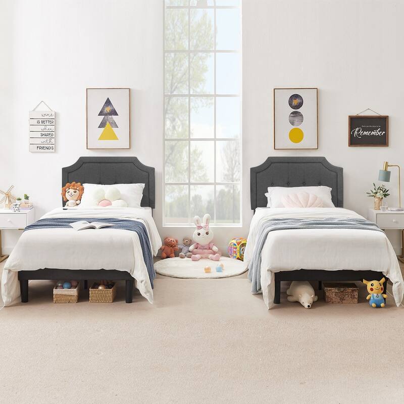 VECELO Upholstered Platform Kids Bed with Adjustable Headboard,Twin Size Bed Set of 2