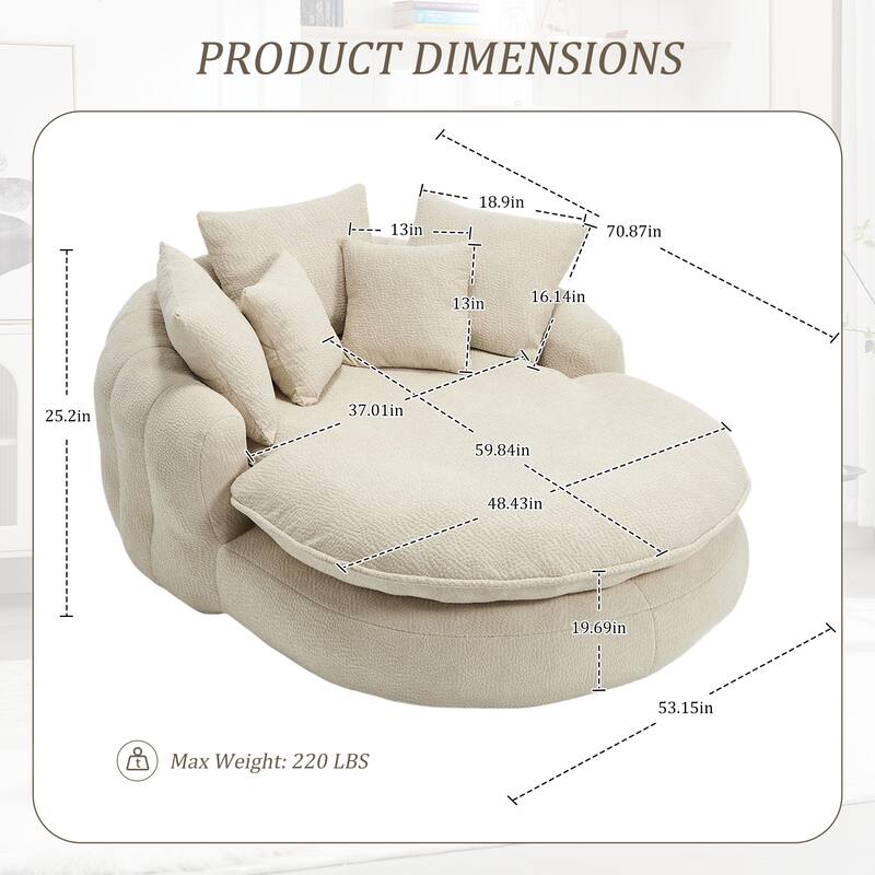 Oversized Oval Upholstered Bean Bag Sofa, Lazy Sofa with 3 Large Pillows and 2 Small Pillows, Wrap Around Backrest
