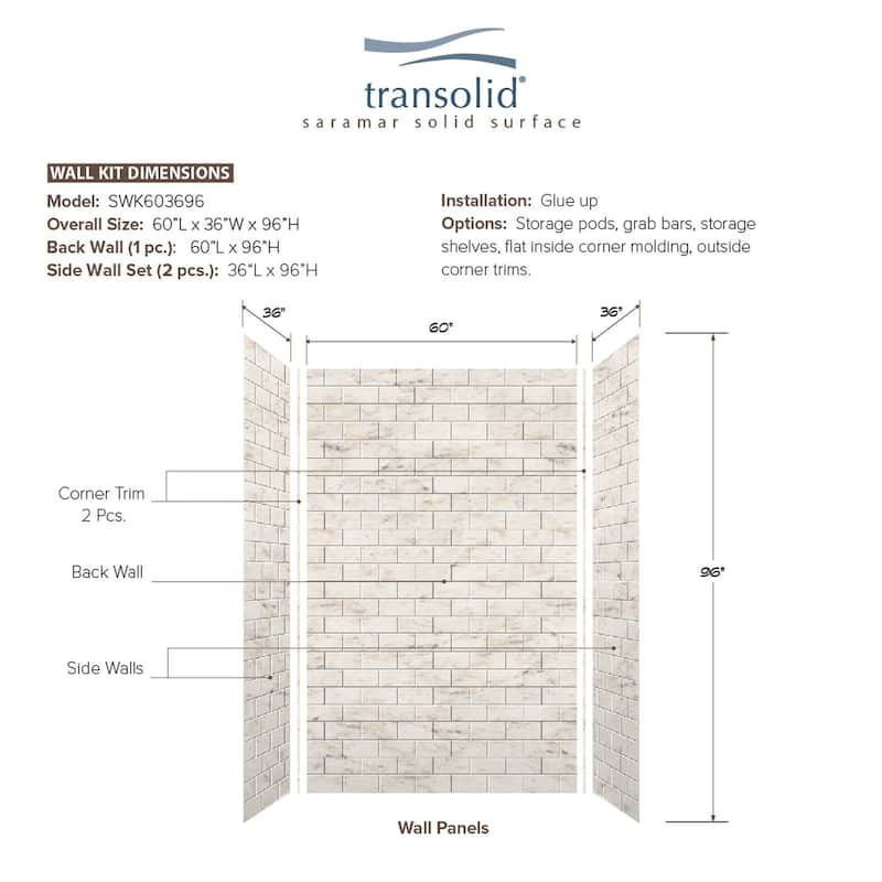 Transolid SaraMar 36-In X 60-In X 96-In Glue to Wall Shower Walls - 60" x 36" x 96" - 60" x 36" x 96"