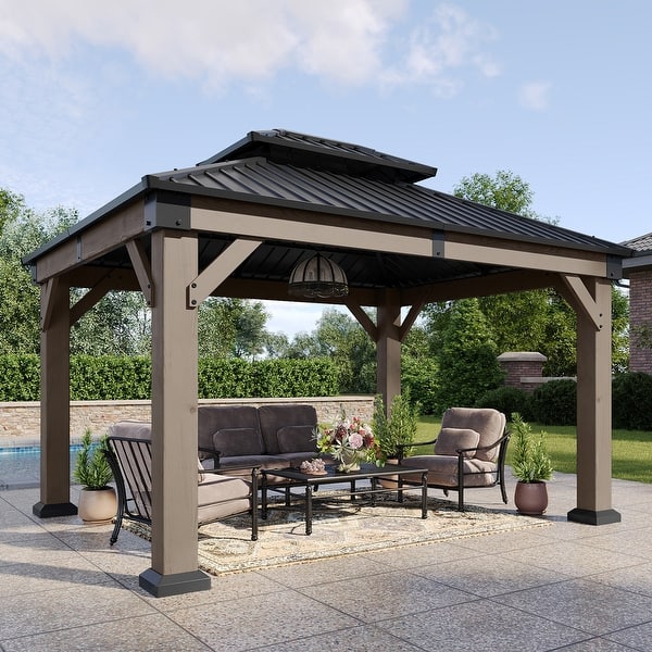 slide 2 of 64, Aoxun Outdoor Cedar Wood Gazebo with Double Hardtop Roof