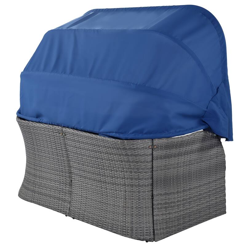6-Pieces Outdoor Patio Rattan Round Daybed Sunbed Set with Retractable Canopy and Lift Table