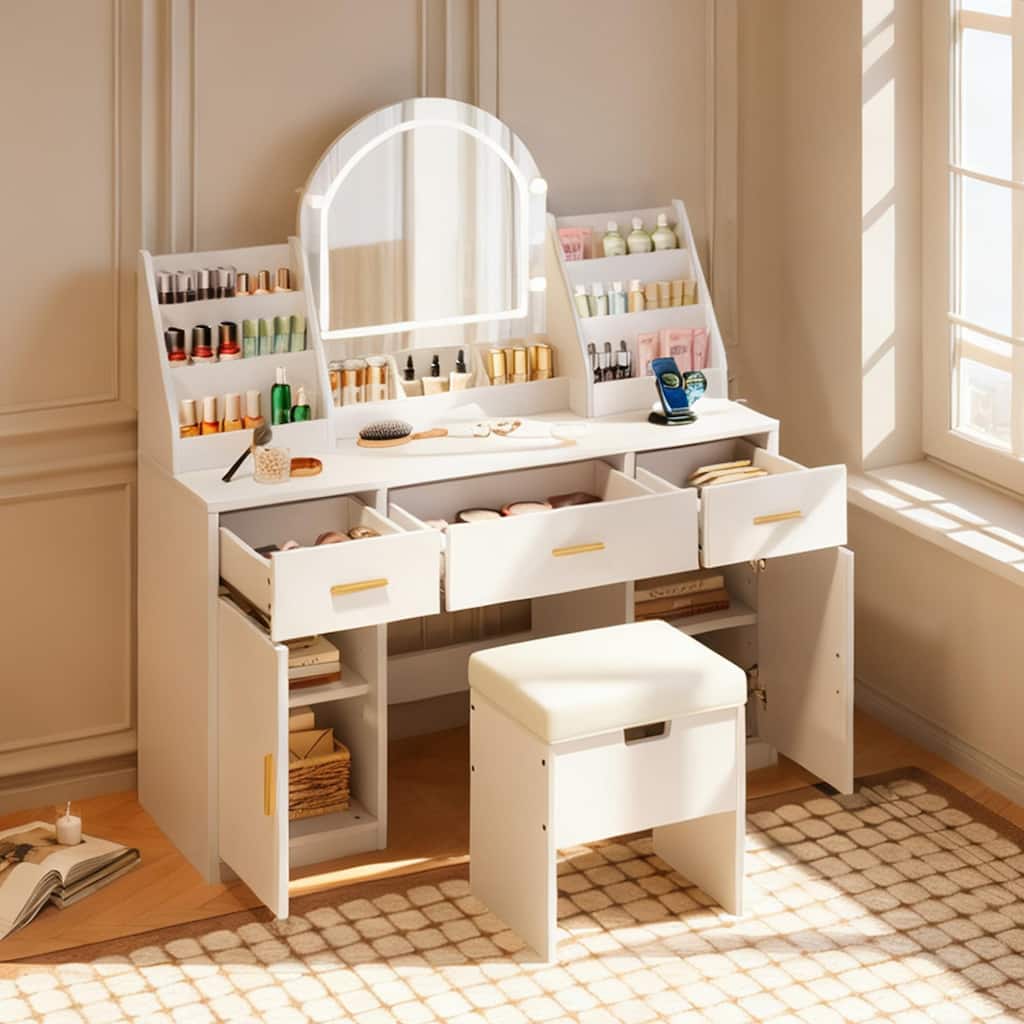 Makeup Vanity with LED Light Mirror and Stool, Dressing Table with Charging Station & Storage Organizers for Bedroom, White
