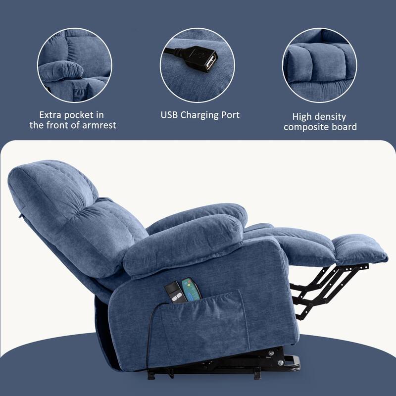 Blue Power Lift Recliner with Heat, Massage, USB Charging, Side Pockets, and Remote Control for Convenience