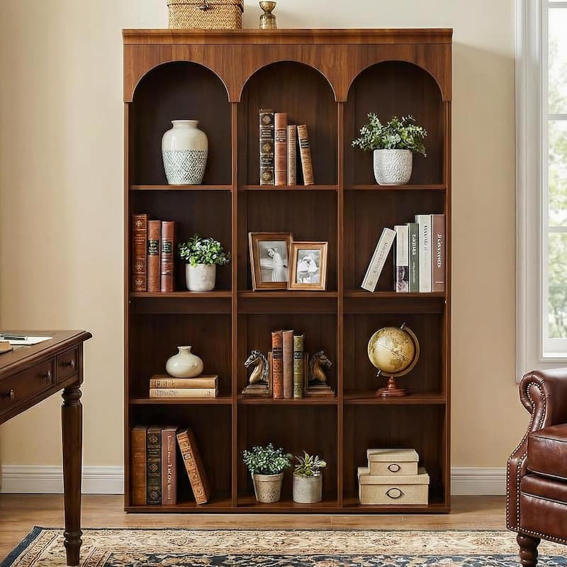 70.9" Tall Arched Bookcase for Living Room, 5-Tier Freestanding Wooden Bookshelf, Mid-Century Modern Library Book Shelving Unit
