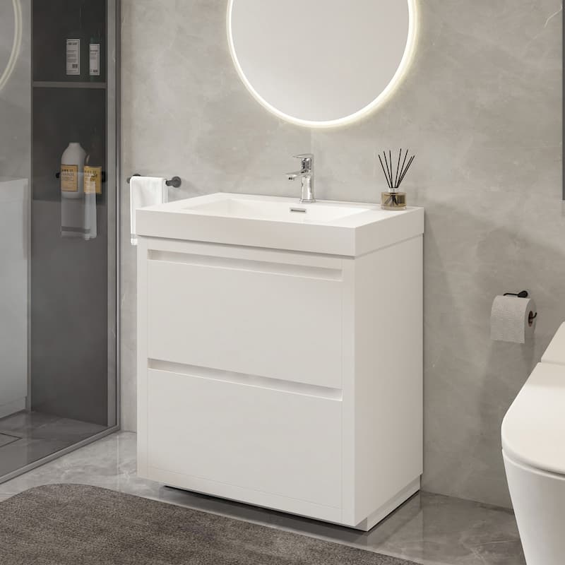 Vanity Art 30-Inch Single Sink Floor-Standing Wall Mounted Bathroom Vanity Set White Stone Top Glossy Finish