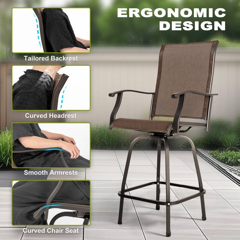 Outdoor 3-Piece Textilene Bar Set, Swivel Bar Stools and Umbrella Hole, Black and Brown with Gold Speckles