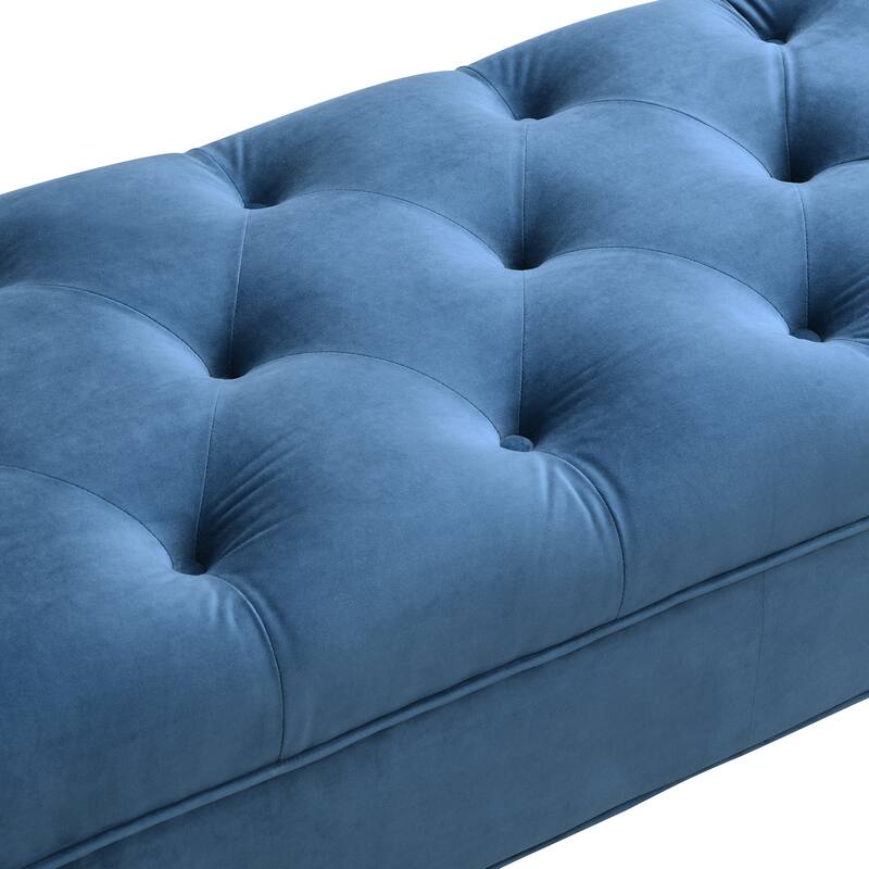 Upholstered Velvet Bench End of Bed Bench with 2 Pillows, Button Tufted Ottoman Footstool with Rolled Arms