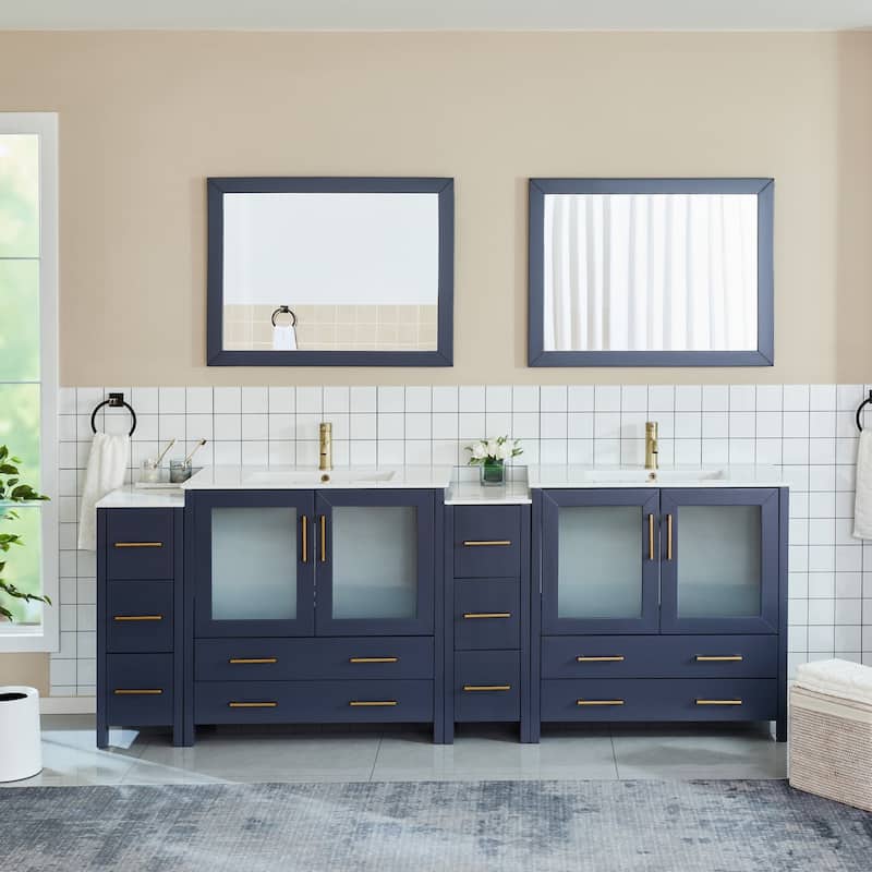 Vanity Art 96" Double Sink Bathroom Vanity Set 10 Dove-Tailed Drawers, 3 Cabinets, 2 Shelves Soft-Closing Doors with Free Mirror - Blue