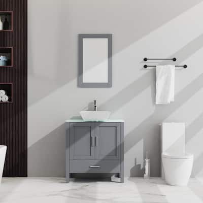 30" Bathroom Vanity Combo with Glass Top and Ceramic Sink, Soft-Close Cabinet and Drawer, Mirror Included