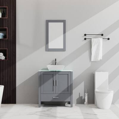 30" Bathroom Vanity and Sink Combo Glass Top Cabinet w/Mirror, Gray