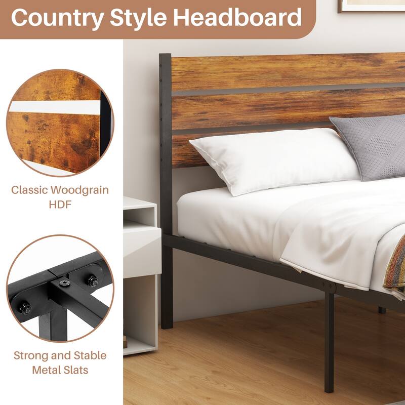 Wood Platform Bed Wood Bed Frame with Headboard, No Box Spring Needed