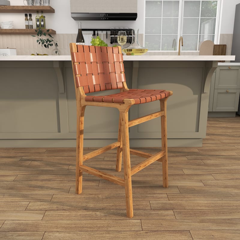 Camel Brown or Black Teak Wood Woven Leather Seat and Back Bar Stool with Beam Footrest