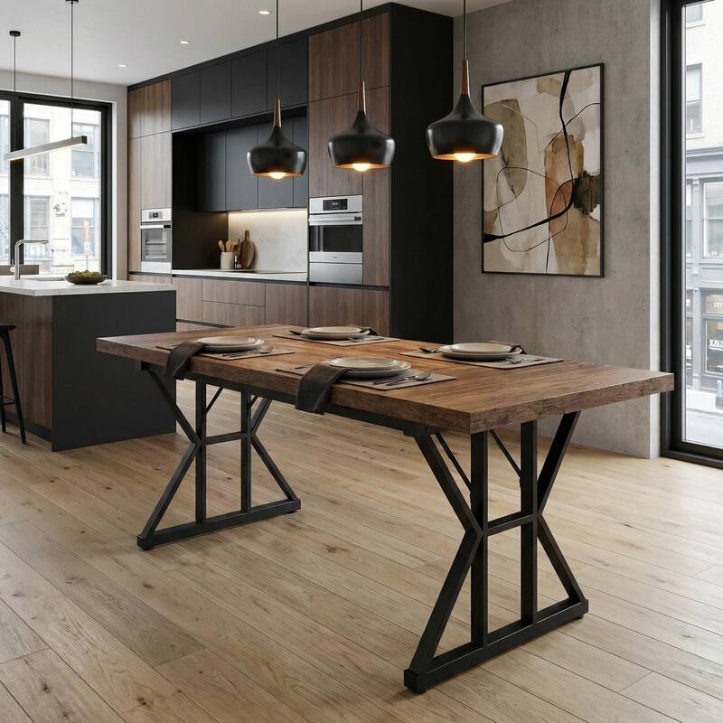 Homy Casa 63" Industrial Dining Table Set for 6, Large Rectangular with Metal Frame, Farmhouse Dining Room 6 Chairs / Table Only