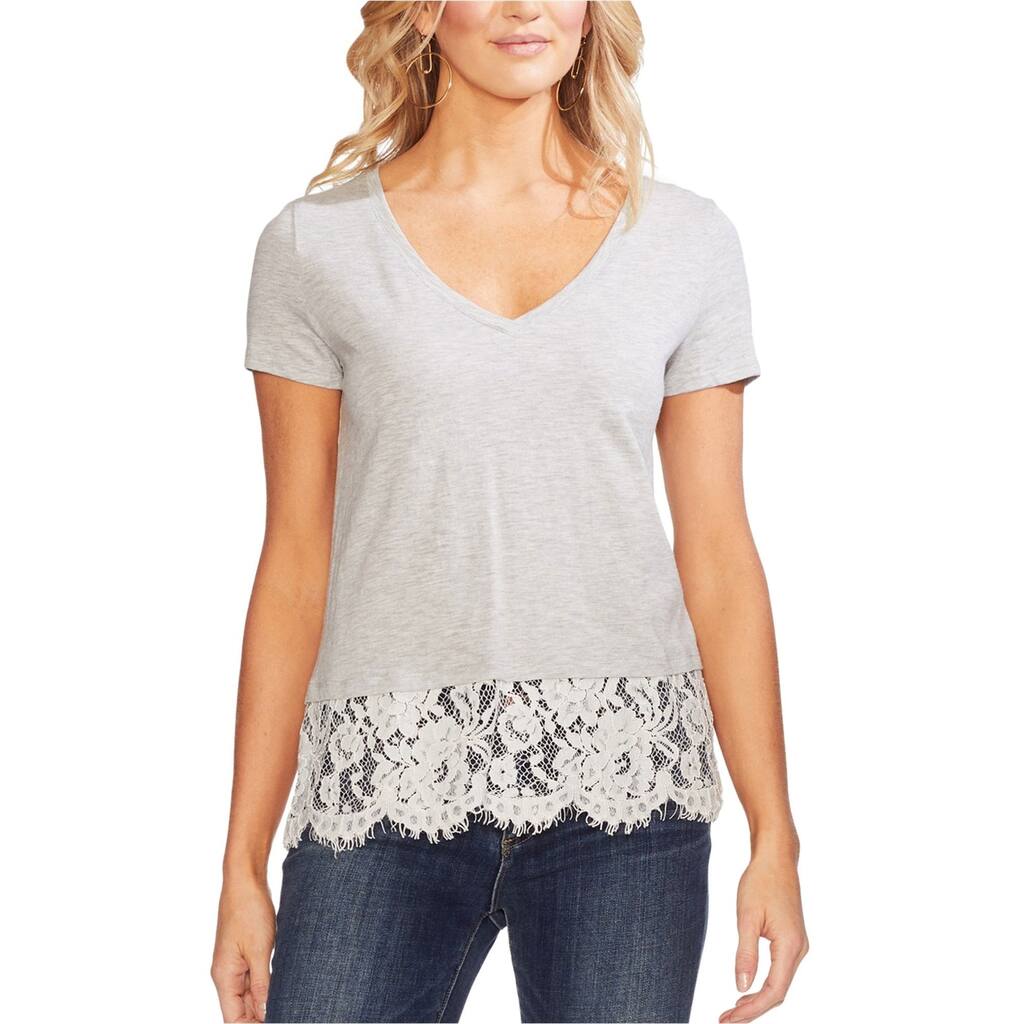 Vince Camuto Womens Lace Border Embellished T-Shirt