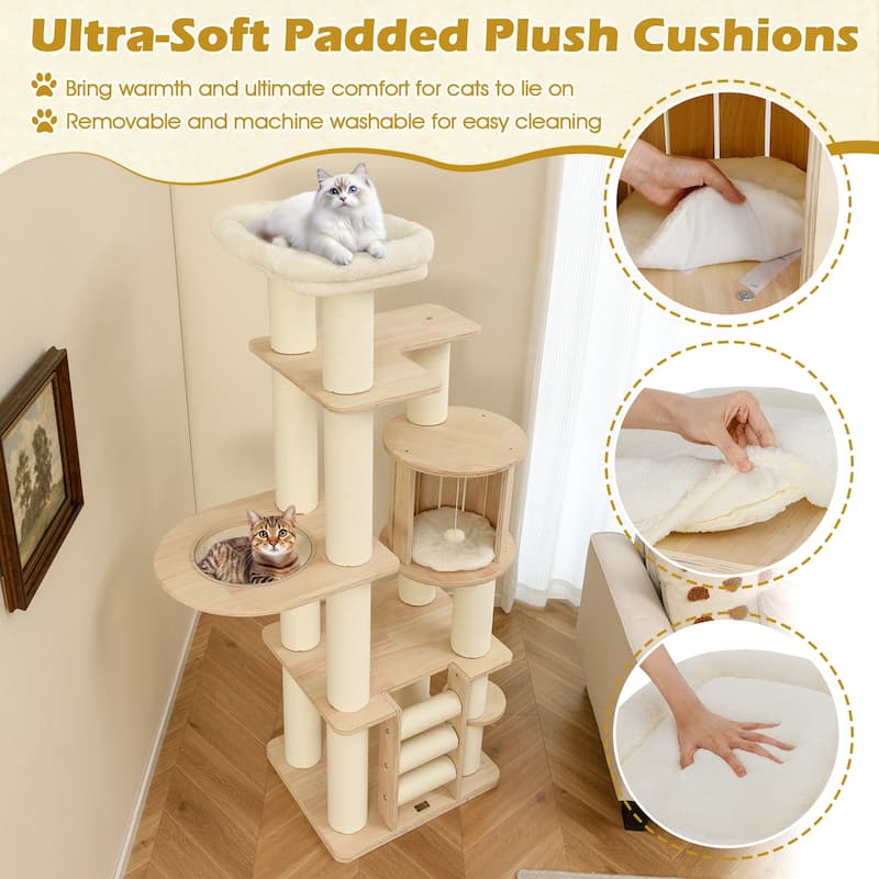 71 Inch Tall Wooden Cat Tree Tower with Cozy Perch Condo Space Capsule - 24" x 20" x 71"