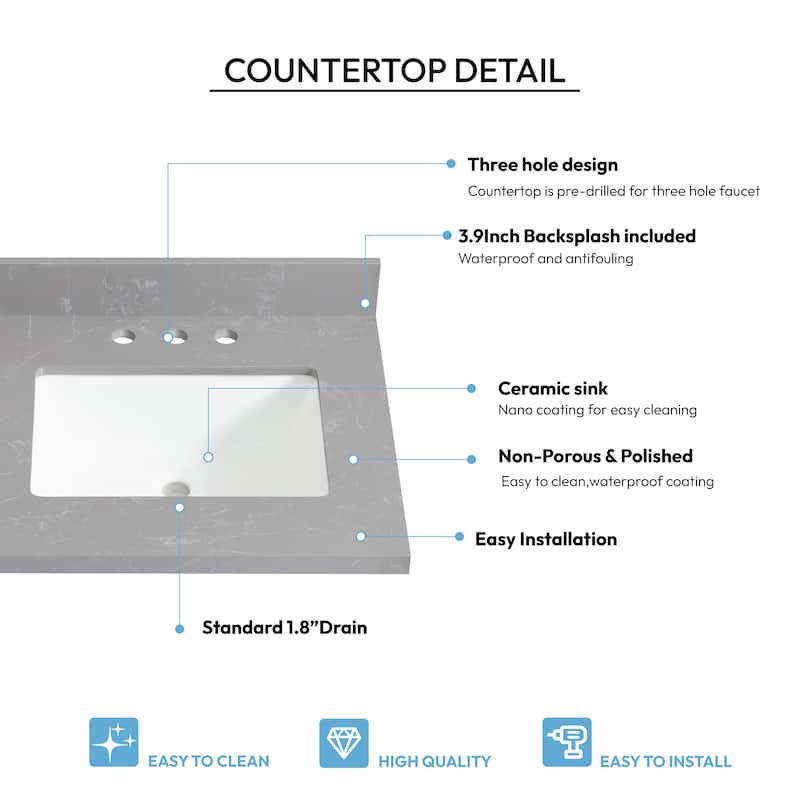 Jaen Composite Stone Vanity Top with White Rectangular Sink