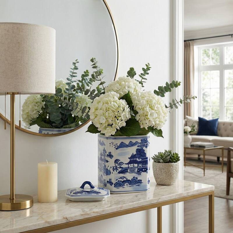 Rectangular Chinoiserie Ceramic Table Jar with Lid - 8.5"