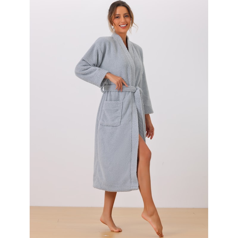 Women's Fluffy Fleece Robe Long Sleeve Thick Plush Self Tie Long Bathrobe - Light Grey - S
