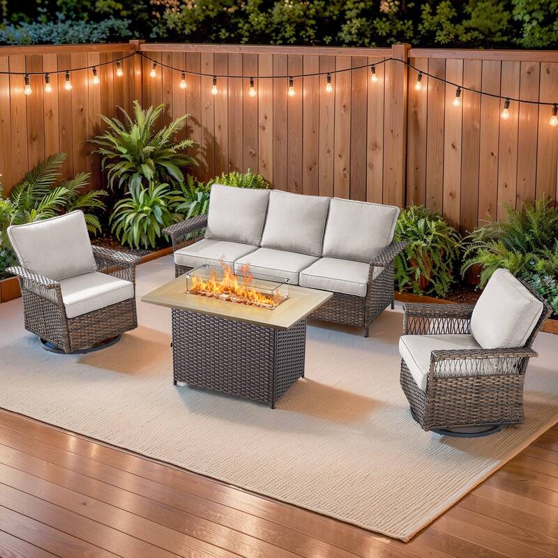 Pocassy 41 in Fire Pit Table with Patio Sofa Chair Funiture - Brown Wicker Beige Cushion - 4-Piece Sofa Swivel Chair with Fire Pit Table