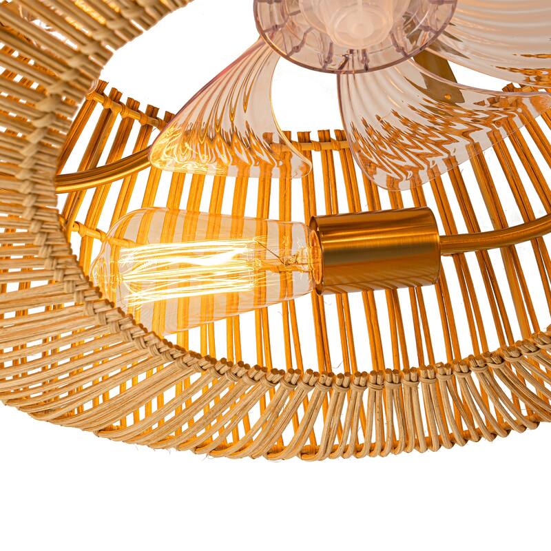 20 in. 4-Light Farmhouse Rustic Handwoven 7-Blade Rattan Cage Semi-Flush Mount Ceiling Fan with Remote - 19.6 in. W x 9.8 in. H