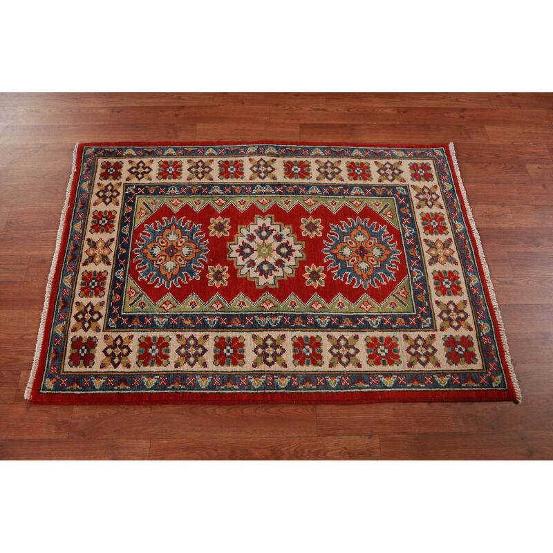 Geometric Kazak Foyer Rug Handmade Red Wool Carpet - 2'9"x 3'11"