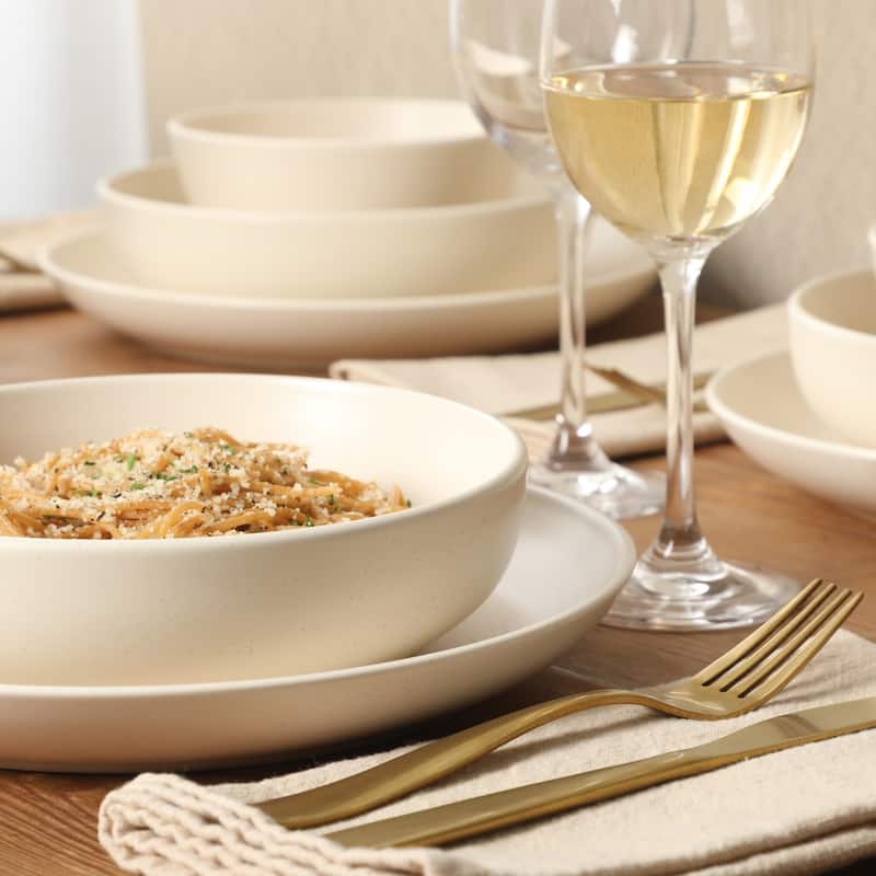 Gibson Elite Leeds Court Plates and Bowls Sets, 16-Piece Stoneware Dinnerware Sets, Round Speckle Reactive Glaze Dish Set