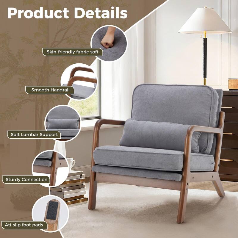 Rossetta Mid-Century Modern Solid Wooden Accent Chair with Arms and Waist Cushion