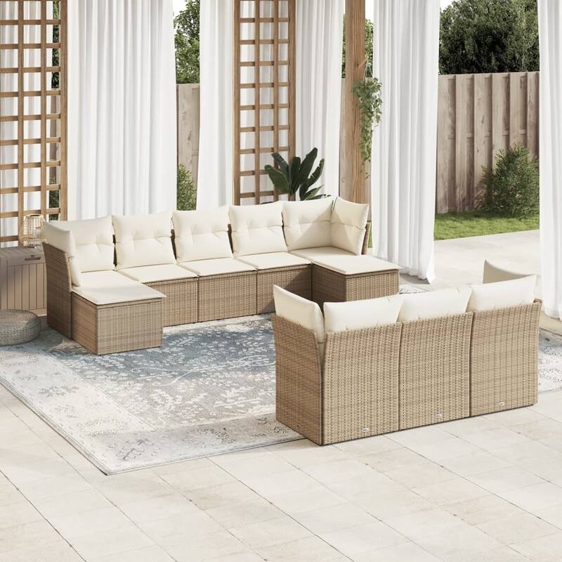vidaXL Patio Sofa Set with Cushions Outdoor Furniture 10 Piece Poly Rattan - 21.7 x 21.7 x 14.6 - Beige and cream 10 pcs