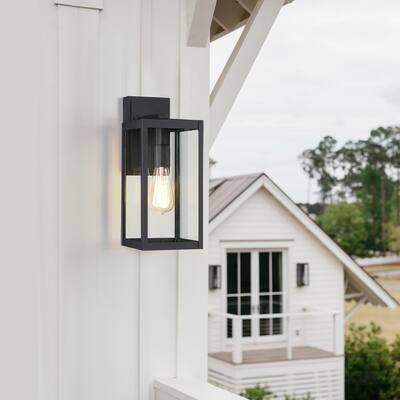 14.8"H Outdoor Black Modern Exterior Wall Lantern Sconce Light with Clear Glass Panels