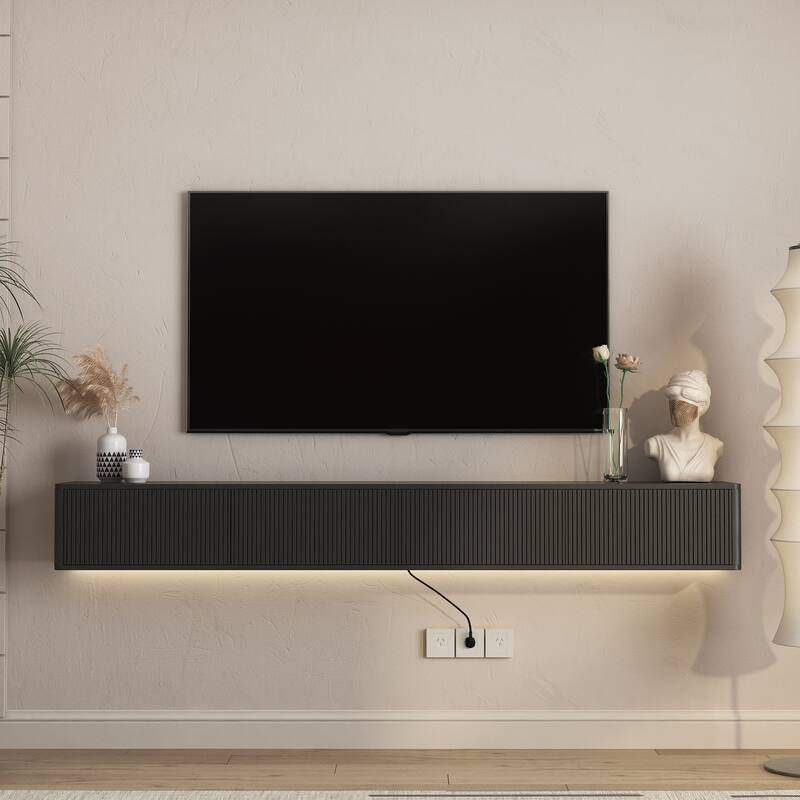 Wall Mounted Entertainment Shelf for Living Room, High Gloss Floating TV Stand with LED Lights & Power Outlet - Black