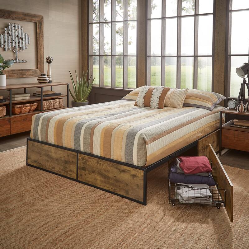 Youngstown Wood Finish Panel Black Metal Platform Bed with Storage Drawers by iNSPIRE Q Modern