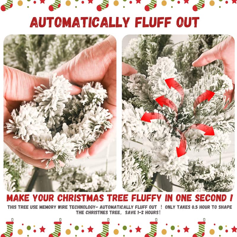 8FT Flocked Christmas Tree with 600 Warm White LED Lights-1445 Tips,Snowy PVC & Hard Needle Branches,Hinged Design,Metal Stand
