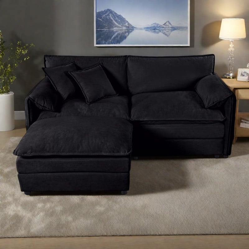 75.59" Chenille Modular Sectional Sofa with Ottoman,Deep Seat and 800lb Capacity - Black