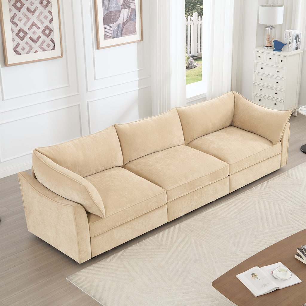 Rossetta 3-Seater Crescent Armrests Sofa with Pull-Out Storage Drawers and Wraparound Cushions in Classic Color Chenille