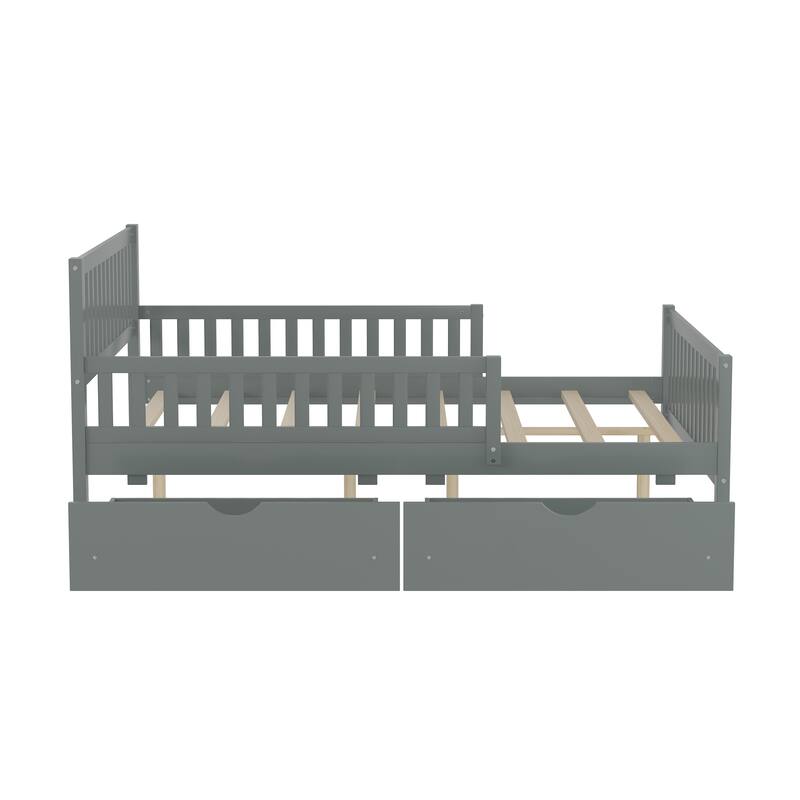 Full Size Wood Platform Bed with Guardrails on Both Sides and 2 Storage Drawers, Gray