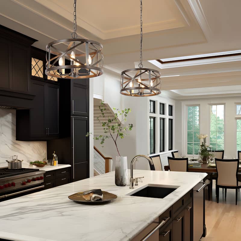 Modern Farmhouse 4-Light Drum Chandelier Wood Grain Lights for Dining Room - D15.5" x H76"
