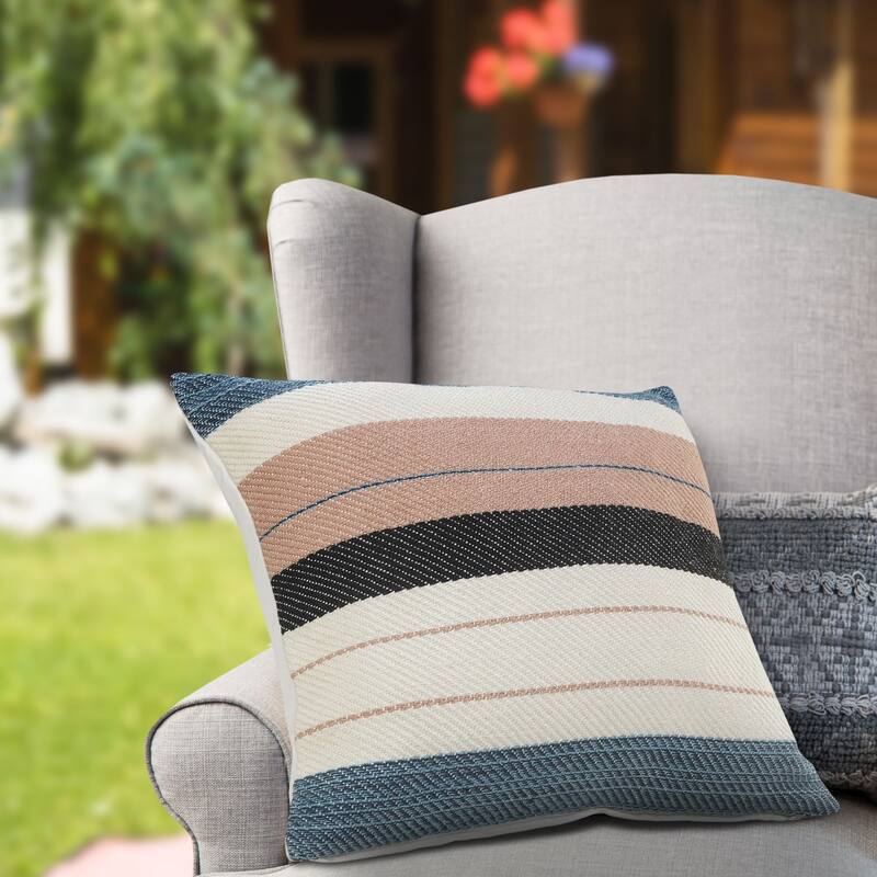 24" Blue and Pink Striped Square Outdoor Throw Pillow
