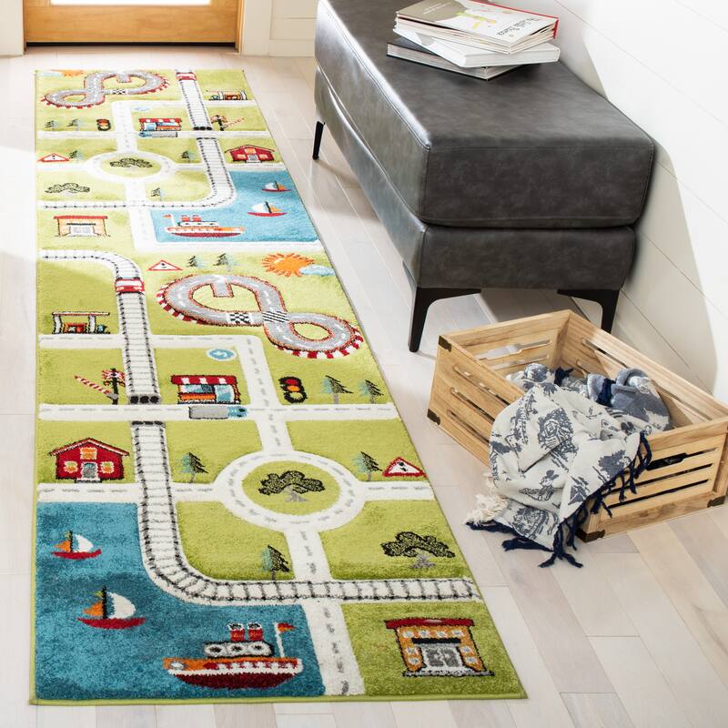 SAFAVIEH Carousel Kids Koika Neighborhood Road Rug - 2'3" x 6' Runner - Green/Ivory