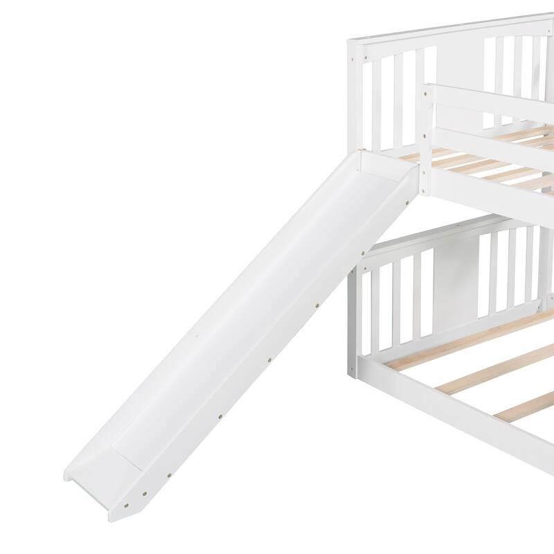 Twin over Twin Size Solid Wood Bunk Bed with Ladder, Slide and Fence for Kids, Bedroom